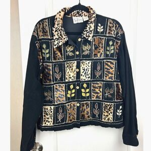 TanTrums Womens Corduroy Patchwork Animal Print Embroidered Jacket Black Large